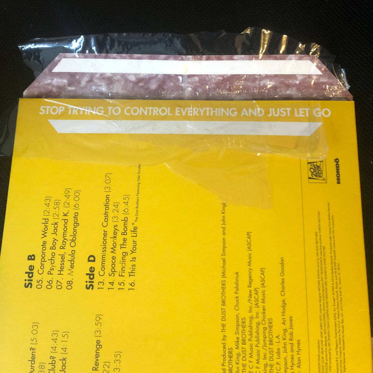 So, I eventually managed to pry open the flap on the <a href="/MondoNews/">MONDO</a> Fight Club vinyl without sacrificing it by using a butter knife, hair dyer and half an hour of my life. 

It had a message for me: STOP TRYING TO CONTROL EVERYTHING AND JUST LET GO.

<a href="/alan_hynes/">Alan Hynes</a> - I feel attacked! 😂