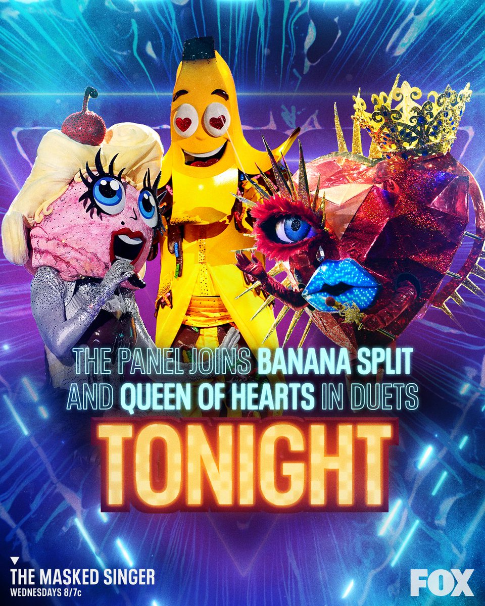 RT for #BananaSplitMask LIKE for #QueenOfHeartsMask See you tonight for a showdown on #TheMaskedSinger! 🎭