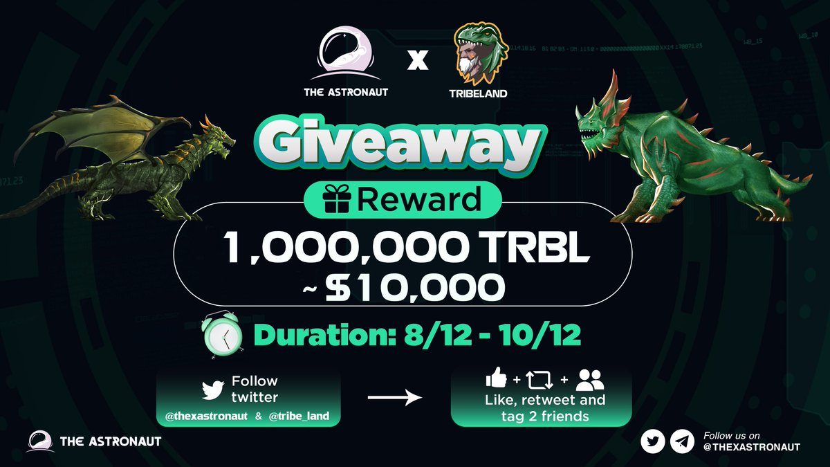 THE ASTRONAUT X TRIBELAND GIVEAWAY

Grab this chance to receive 1M $TRBL in prep for the experience in #MMORPG #PlayToEarn #Metaverse world of @tribe_land 

⏳ Duration: Dec 8th - Dec 10th
👉 Join here: gleam.io/Fh1fs/the-astr…

#NFTGiveaway #NFT #NFTCommunity