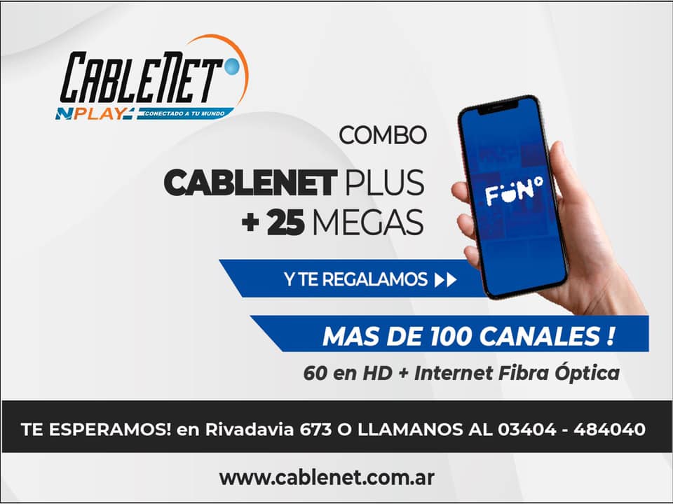 🤗 Tenemos esta promo para vos!! ▪️COMBO CABLENET PLUS + 25 Mb por fibra + FÜN ▪️📞 3404 564393 o ingresa a nuestra web ⬇️
cablenet.com.ar #Cablenet  #FÜN #Internet #TV