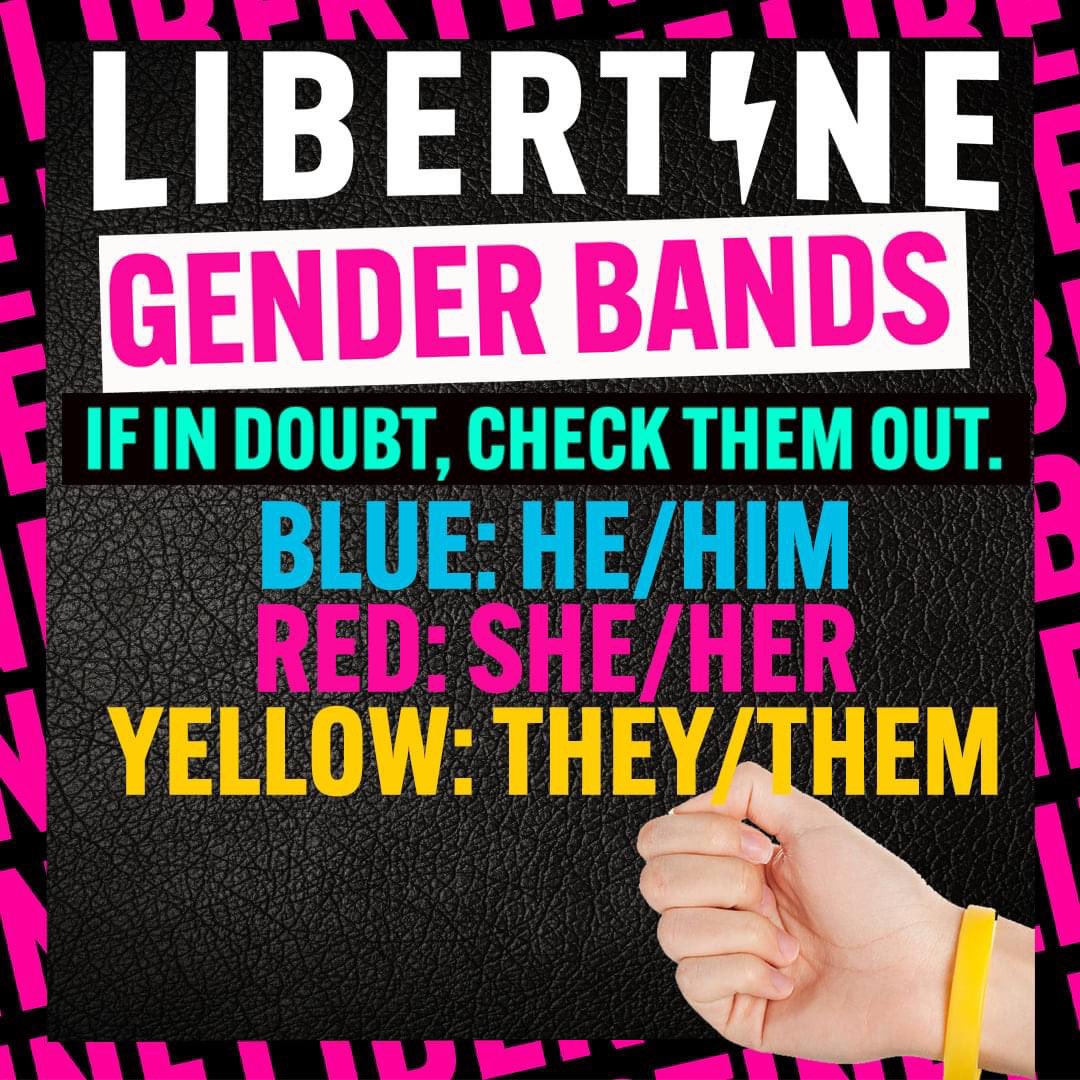 Queerspace_NI's tweet photo. How fantastic is this! Belfast’s newest LGBT+ venue, Libertine, has offered staff gender bands so people can be clear about their gender. Proceeds go to @TransgenderNI @Here_NI @TRPNI. #RespectExistenceOrExpectResistance 🏳️🌈🏳️⚧️ https://t.co/TZb7j5QfXH