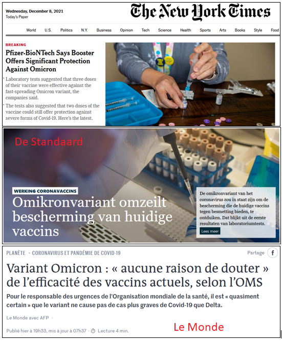FMennes's tweet photo. Hoe 3 verschillende kranten hetzelfde nieuws op dezelfde dag brengen: @nytimes @destandaard @lemondefr 

#Omikron https://t.co/eLgOTbnRrv