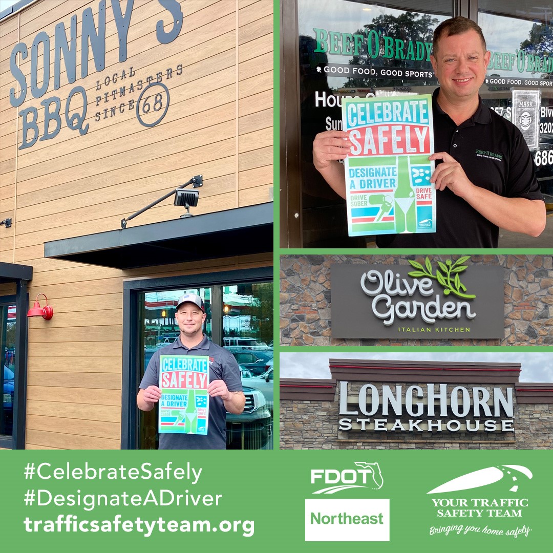 trafficsafetyfl's tweet photo. Lake City @SonnysBBQ @LongHornSteaks @olivegarden & Beef O’ Brady’s are going to utilize the #CelebrateSafely, #DesignateaDriver posters, stickers & coasters to help reduce #ImpairedDriving this #holiday season! Thank you! #RecipesfortheRoad @MyFDOT_NEFL https://t.co/s09eiYBII1 https://t.co/vLSuMDArTn