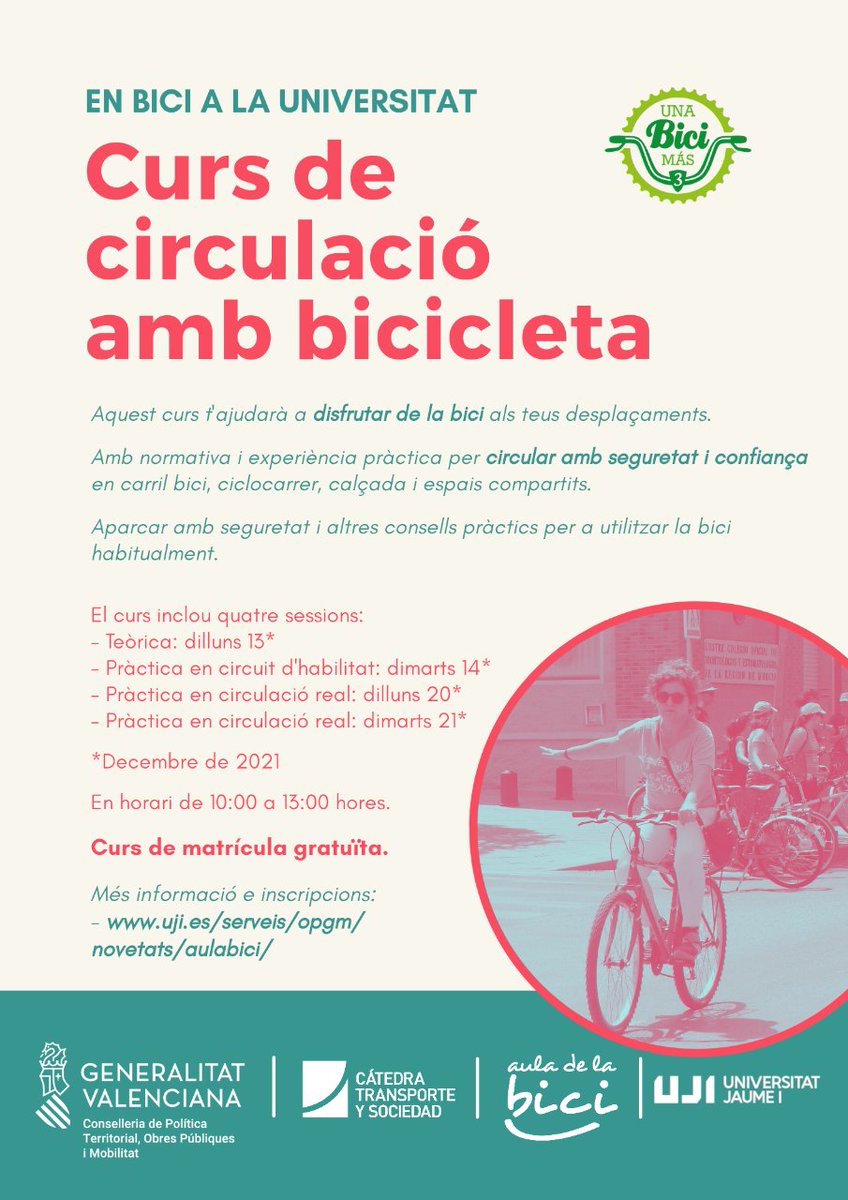 UJIuniversitat's tweet photo. Curs de circulació amb bicicleta. Activitat dissenyada per a ciclistes que desitgen adquirir nivell de confiança per a circular per la via pública amb seguretat. Al #CampusUJI del 13 al 21/12. De 10 a 13 h. https://t.co/zp6e2unUFs 
@Auladelabici @ConsellUJI https://t.co/u4N9cnxznt