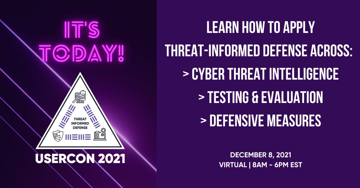 MITREattackDef's tweet photo. TODAY at the #TIDUSERCON attendees get a deep-dive into how Threat-Informed Defense is changing #cybersecurity . Get confidence &amp; an arsenal of tech resources that enable the systemic application of a threat-informed defense approach to security https://t.co/t6voNB2r0w https://t.co/m3vSbuj1LB