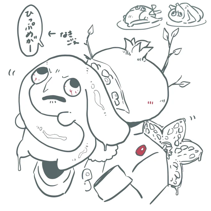 みてーーー鍵のふぉろわっさん(@anearofking)が憂さ旦那と柘榴のすけ描いてくれたーー!!海魔ちゃんもかわいい!テカテカの生ターキーみたいなウサ旦那かわゆー! 