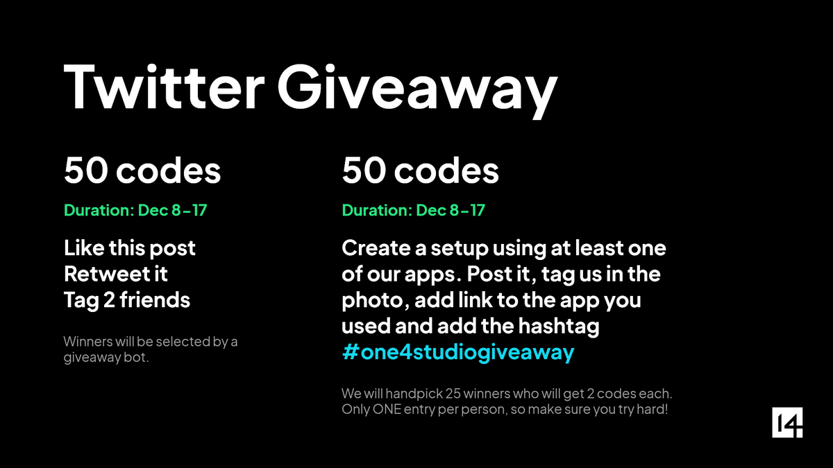 One4Studio's tweet photo. Like this tweet, retweet and tag 2 friends (50 winners get 1 code)

Post a setup, tag us, add link to our app and add #one4studiogiveaway (25 winners get 2 codes)

Link for our apps and other social media accounts (were we will also host giveaways)
https://t.co/NG7A6a6NTT https://t.co/hmzuPmlnTK