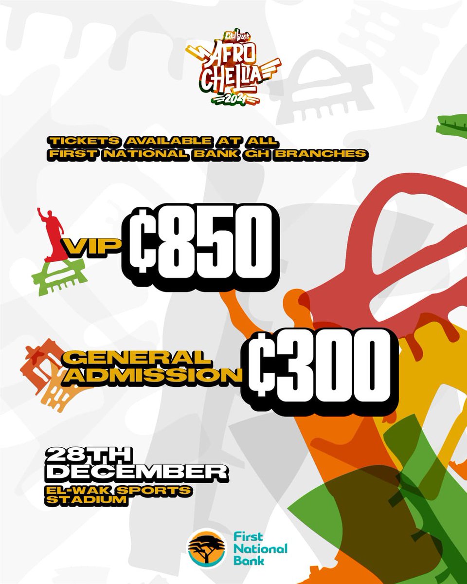 Afrofuture's tweet photo. 🌍AFROCHELLANS! 🌍

As of today we will be selling physical tickets at all @firstnatbankgh branches ONLY.

Ticket prices are ¢300 for general &amp; ¢850 for VIP. If you’re looking to buy group tickets or have any concerns about our new policy, contact us at info@afrochella.com! https://t.co/Ix7Tid7Lv9