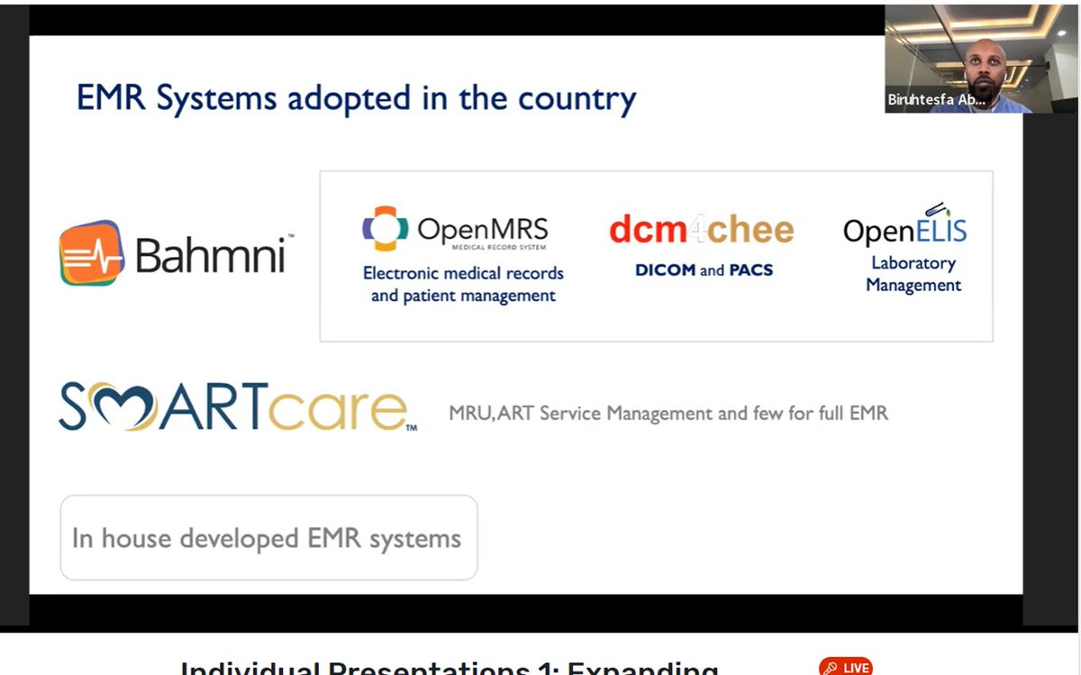 Happening now: @BirukAbere presenting Ethiopian experience in EMR rollout at health facilities at #GDHF2021 . Interesting to hear the role of #leadership for successful implementation. Kudos to the health facilities, #YEs, &amp; the MOH &amp; DHA teams for the examplery collaboration.
