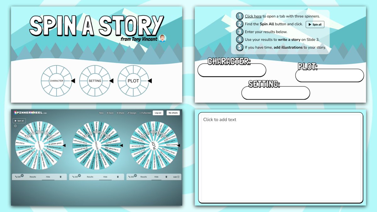 ☃️ Spin a Winter Story! Students get inspiration to write a short story by spinning three wheels. Chances are the story starter will be pleasantly preposterous! 

Google Slides template: docs.google.com/presentation/d…