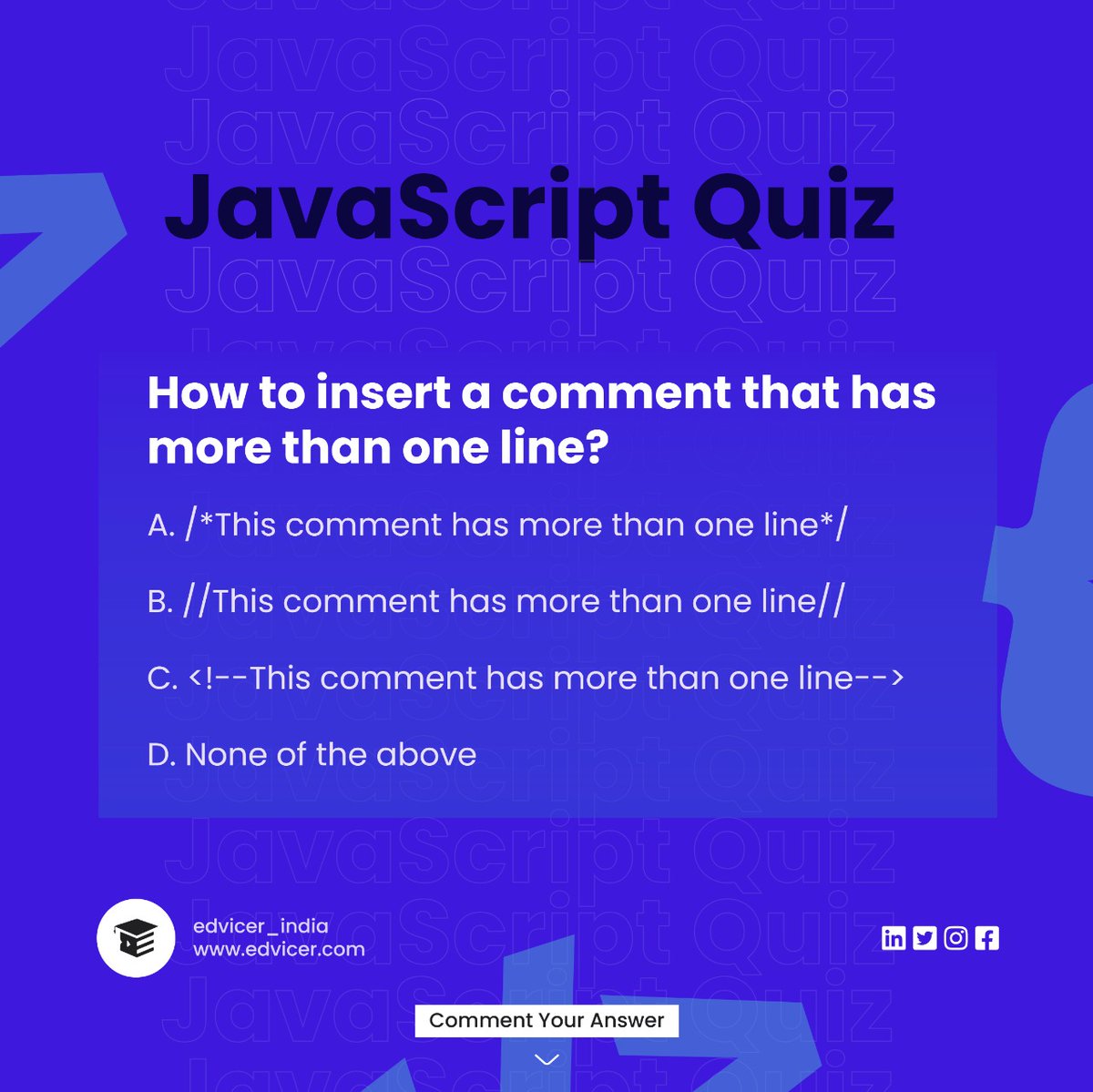 EdvicerCourses's tweet image. Comment your answer below. Those who will give the correct answer will receive a shoutout.🤍
Follow @EdvicerCourses for more.
#javascriptquiz #javascriptinterviewquestions #javascriptinterview #quizquestions #quizcompetition #quizoftheday #quizcontest