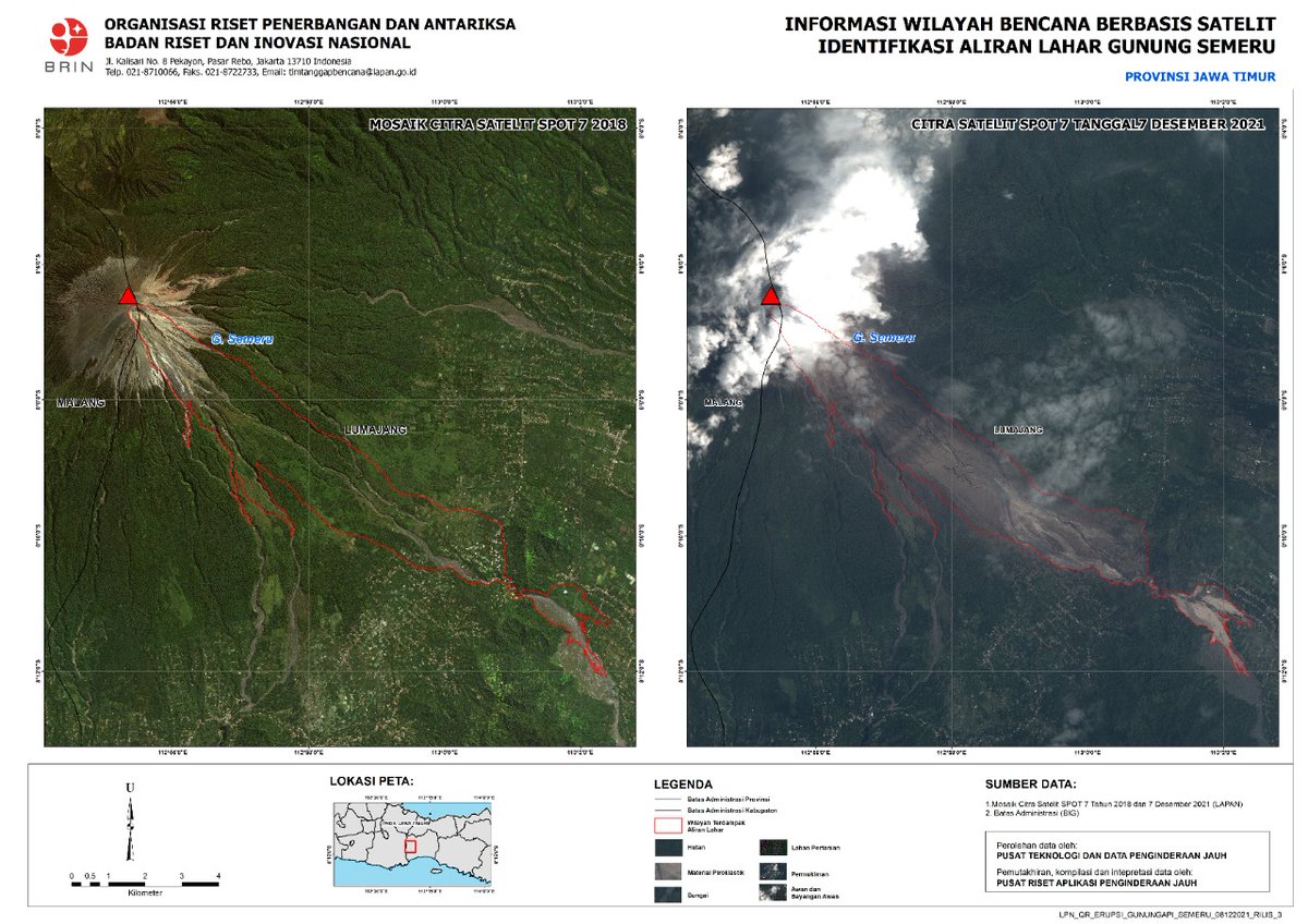 Satelit Memotret Area Terdampak Letusan Gunung Semeru
⠀
Tim tanggap darurat bencana Organisasi Riset Penerbangan dan Antariksa BRIN melakukan pengolahan dan analisa luas area terdampak letusan Gunung Semeru.