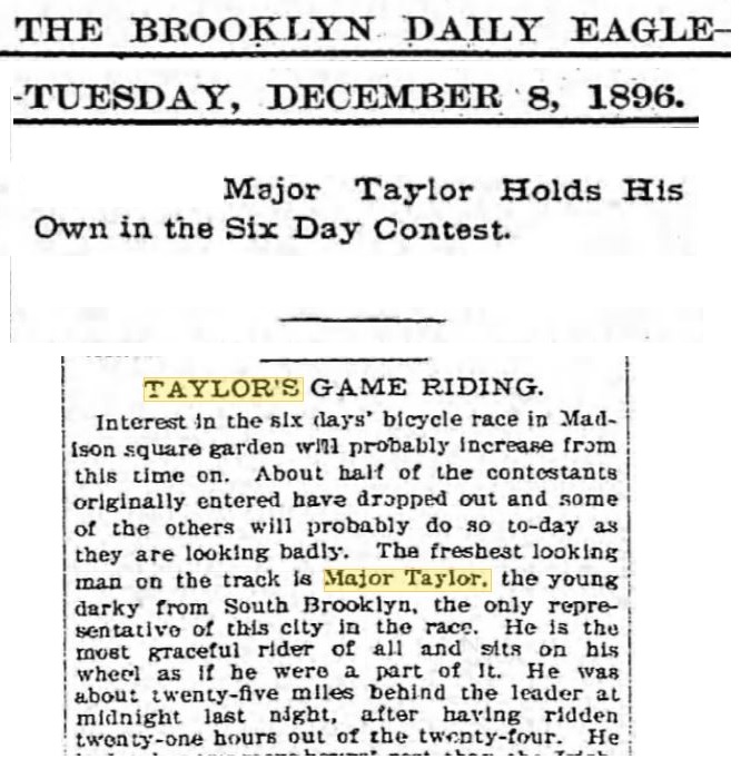 MajorTaylor99's tweet photo. #OTD Dec. 8, 1896 - Major Taylor, going on 3 hours' sleep, was the “freshest looking man on the track” and “the most graceful rider of all”
-📰 @BklynEagle coverage of the first 24 hours of six-day bike race @TheGarden #MadisonSquareGarden #honorMajorTaylor #WorcesterWhirlwind 🚲 https://t.co/2wcIBXzXPg