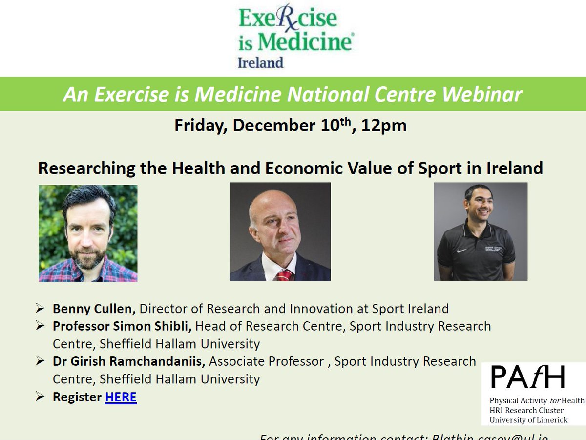 Exercise is Medicine Ireland National Center (@exerciseismedi3) on Twitter photo Really excited about our upcoming EIM Ireland and <a href="/PAfH_UL/">Physical Activity for Health Research Centre @UL</a> Webinar - December 10th at 12pm - "Researching the Health and Economic Value of Sport in Ireland" with a great line-up of speakers! <a href="/DrBPCarson/">Brian Carson</a> <a href="/UnaMaySport/">Una May</a> <a href="/CatherineBWoods/">Catherine Woods</a> @odonogr
us02web.zoom.us/meeting/regist… Really excited about our upcoming EIM Ireland and <a href="/PAfH_UL/">Physical Activity for Health Research Centre @UL</a> Webinar - December 10th at 12pm - "Researching the Health and Economic Value of Sport in Ireland" with a great line-up of speakers! <a href="/DrBPCarson/">Brian Carson</a> <a href="/UnaMaySport/">Una May</a> <a href="/CatherineBWoods/">Catherine Woods</a> @odonogr
us02web.zoom.us/meeting/regist…