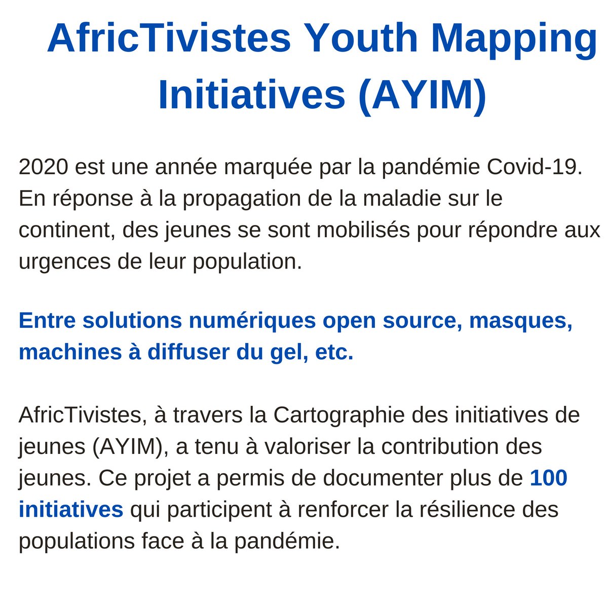 AFRICTIVISTES's tweet photo. #Rapportdactiviteannuelle
#Ayim
À travers AYIM, AfricTivistes a tenu à valoriser la contribution des jeunes à la lutte contre la Covid-19. https://t.co/TTg13o5XQe