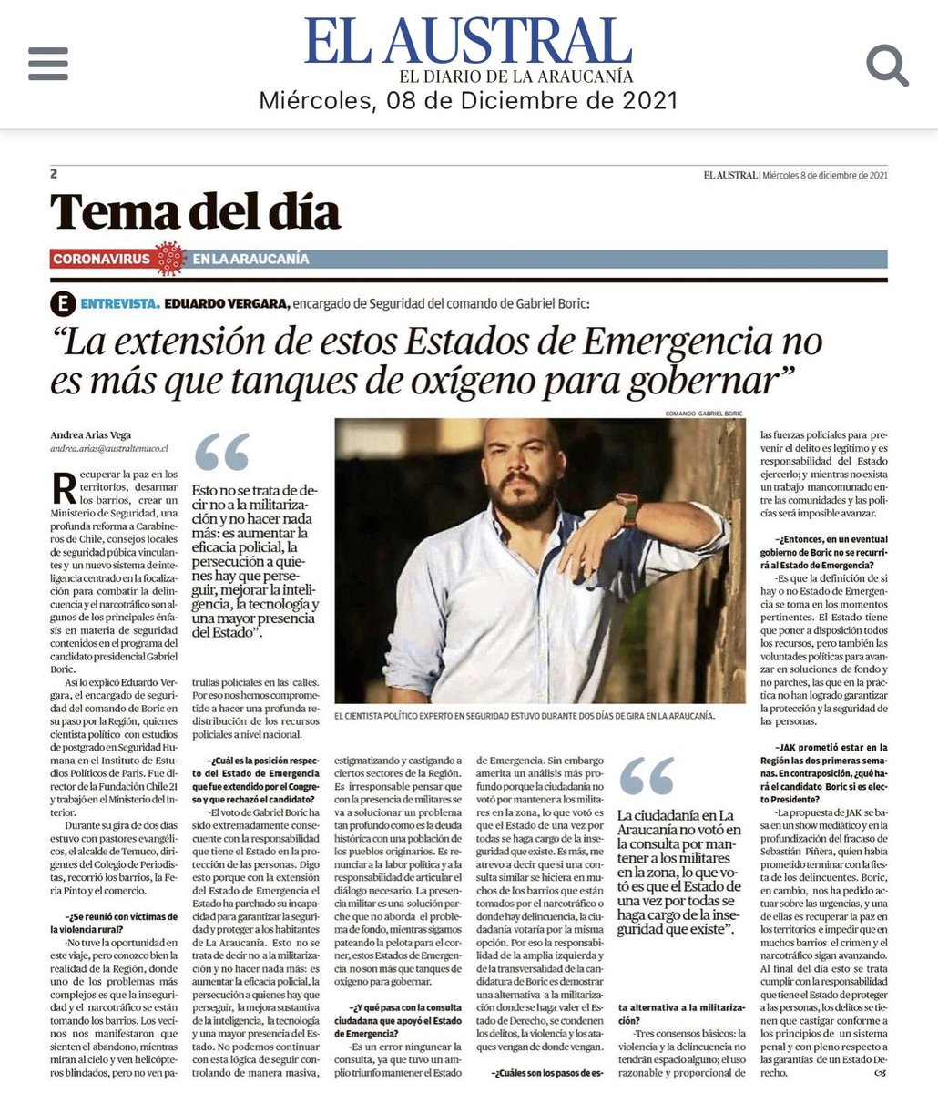 EduardoVergaraB's tweet image. Sobre la inseguridad en #LaAraucanía, la demanda por #protección, la necesidad de no renunciar al #diálogo, de ir con #fuerza sobre el #crimen sin distinción y la #responsabilidad de actuar con #urgencia para recuperar la #paz. En Austral de #Temuco. 🌳#Seguimos @gabrielboric