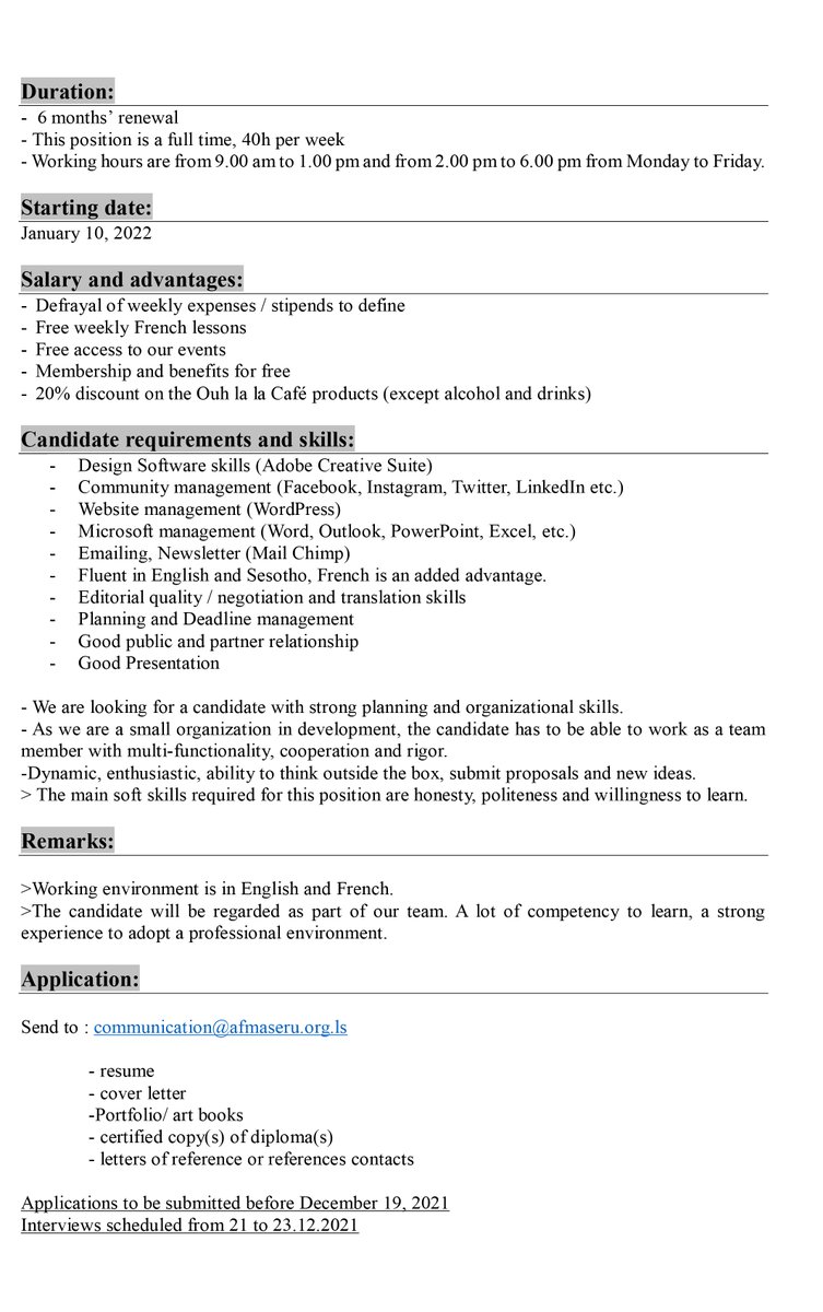 af_maseru's tweet photo. CULTURAL ASSISTANT AND GRAPHIC DESIGN ASSISTANT : 2 INTERNSHIPS AVAILBLE for 2022 !! 
Starting: 10th January 2022. Send your resume, copies of certificates and portfolios to: culture@afmaseru.org.ls or communication@afmaseru.org.ls 
Submit before 19th Dec 2021. https://t.co/6xCO6BdJI1