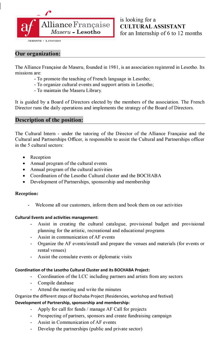 af_maseru's tweet photo. CULTURAL ASSISTANT AND GRAPHIC DESIGN ASSISTANT : 2 INTERNSHIPS AVAILBLE for 2022 !! 
Starting: 10th January 2022. Send your resume, copies of certificates and portfolios to: culture@afmaseru.org.ls or communication@afmaseru.org.ls 
Submit before 19th Dec 2021. https://t.co/6xCO6BdJI1