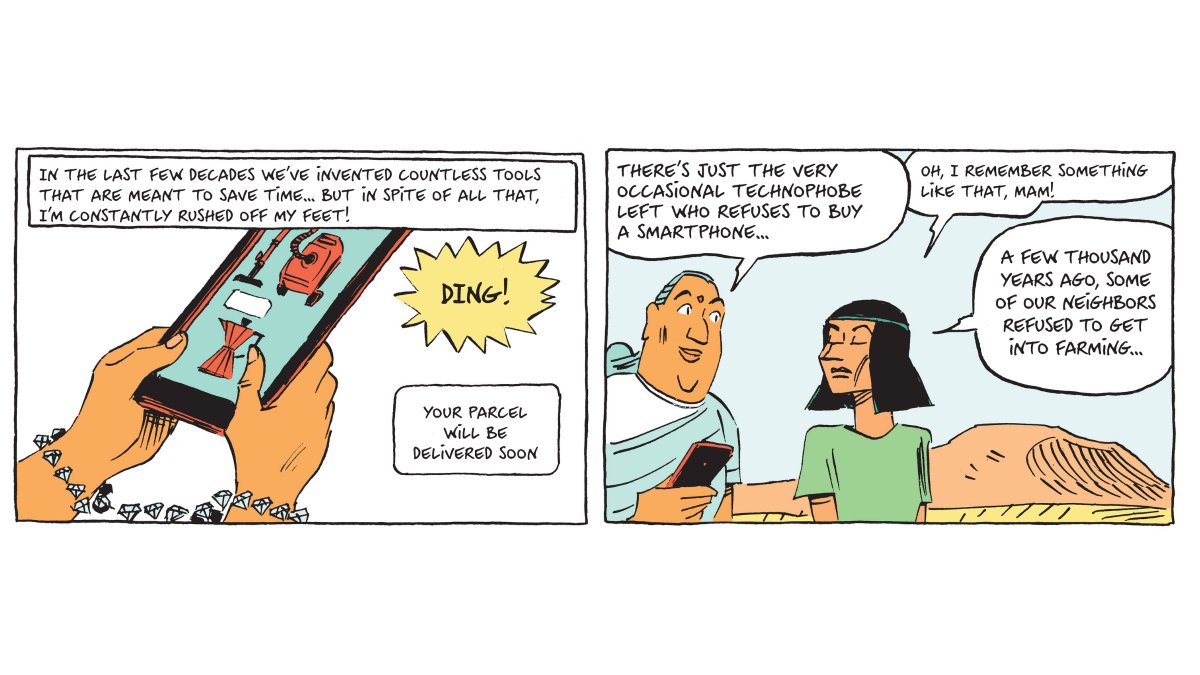 harari_yuval's tweet photo. What has domesticating wheat got to do with getting addicted to your smartphone? Time travel with Prof. Saraswati and farmer Faustina, to explore the age-old idea of ‘the luxury trap’.
-YNH Team 
#GraphicSapiens https://t.co/Zfakeh7dw2