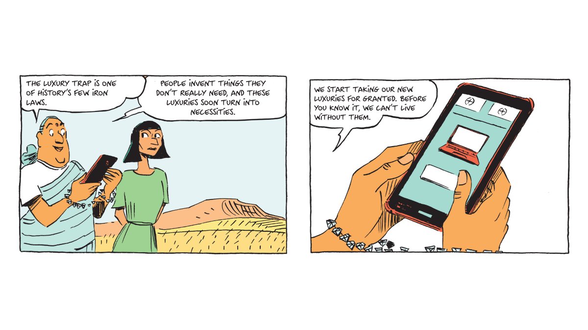 harari_yuval's tweet photo. What has domesticating wheat got to do with getting addicted to your smartphone? Time travel with Prof. Saraswati and farmer Faustina, to explore the age-old idea of ‘the luxury trap’.
-YNH Team 
#GraphicSapiens https://t.co/Zfakeh7dw2