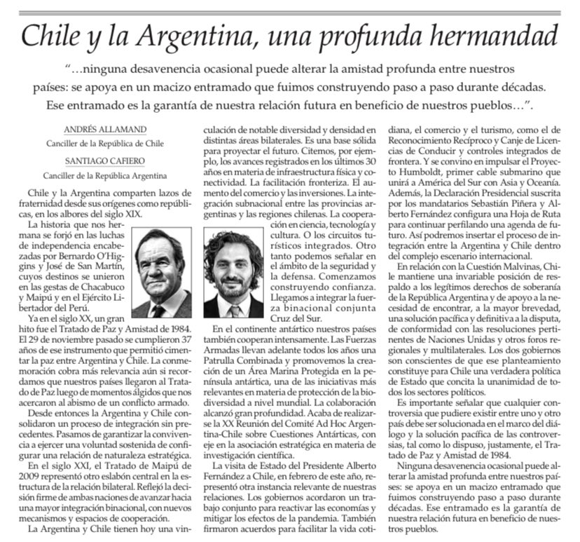 La amistad profunda que une a Chile con Argentina nos ha permitido consolidar un proceso de integración sin precedentes, y proyectar una alianza estratégica en beneficio de nuestros pueblos. Comparto columna junto al canciller @SantiagoCafiero