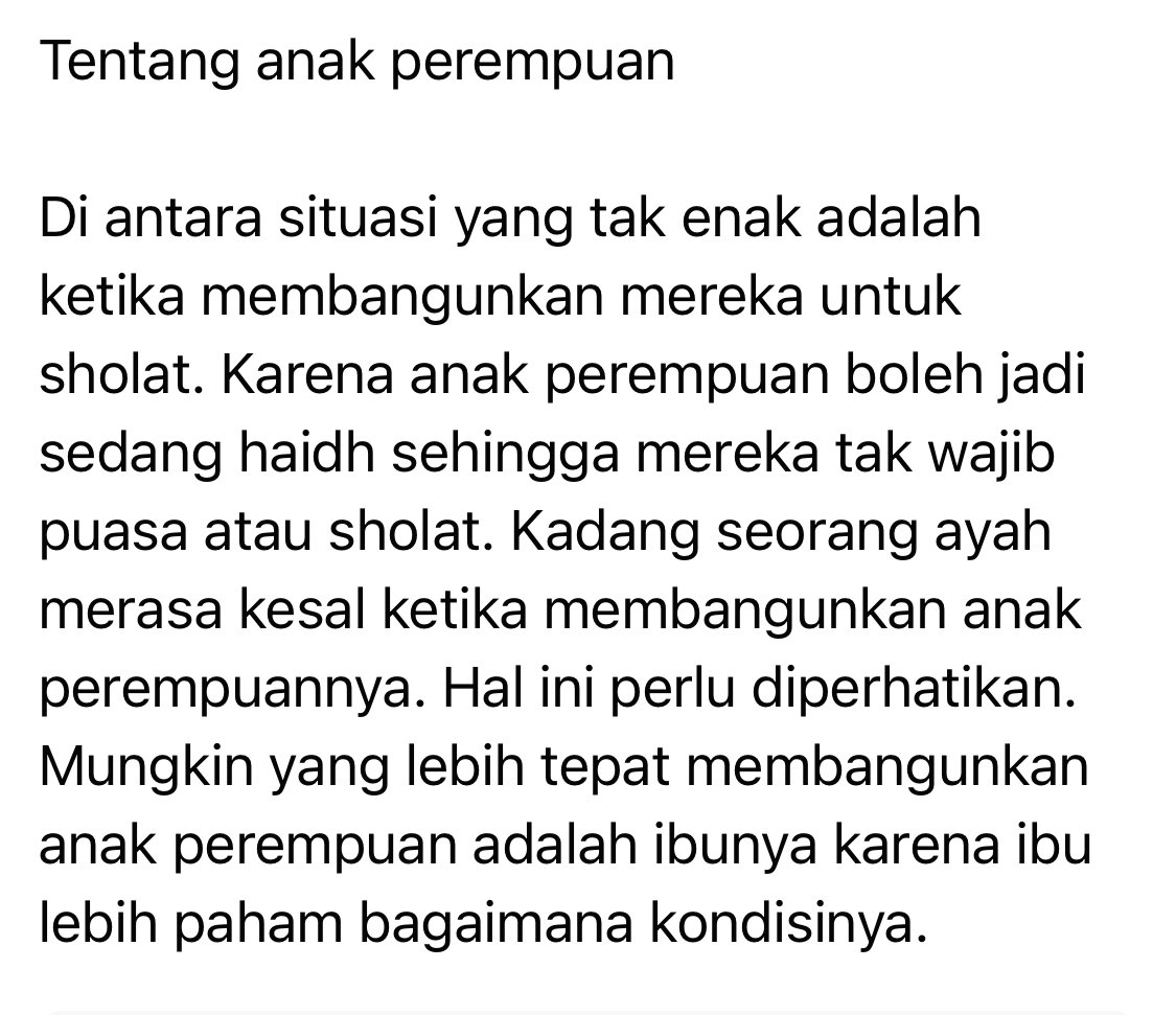 alqaryooti's tweet photo. Tentang anak perempuan

Di antara situasi yang tak enak adalah ketika membangunkan mereka untuk sholat. Karena anak perempuan boleh jadi sedang haidh sehingga mereka tak wajib puasa atau sholat. Kadang seorang ayah merasa kesal ketika membangunkan anak perempuannya.👇#indonesian https://t.co/tf3IfQUrlI