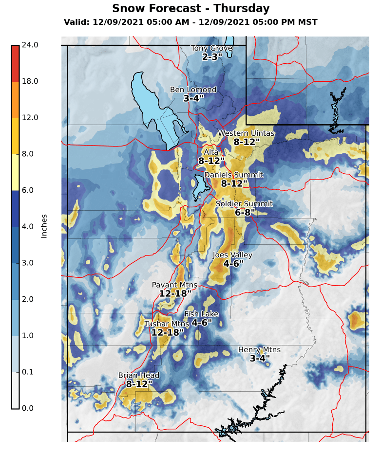 NWSSaltLakeCity's tweet image. Below are the same 3 images for snow amounts 1) tonight, 2) Thursday, and 3) Thursday night, but with points for mountain locations. #utwx #wywx