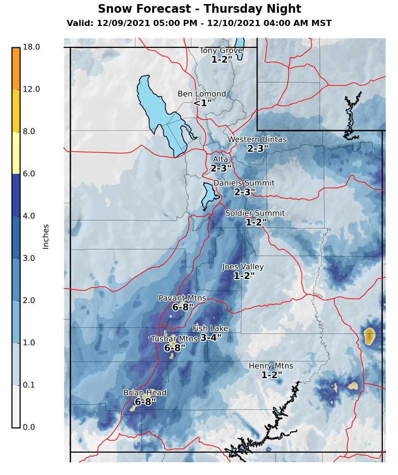 NWSSaltLakeCity's tweet image. Below are the same 3 images for snow amounts 1) tonight, 2) Thursday, and 3) Thursday night, but with points for mountain locations. #utwx #wywx