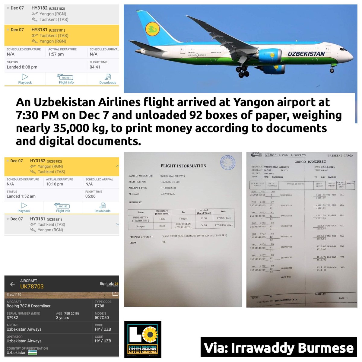 yMin2021's tweet photo. An Uzbekistan Airlines flight arrived at Yangon airport at 7:30 PM on Dec 7 and unloaded 92 boxes of paper, weighing nearly 35,000 kg, to print money according to documents and digital documents.  Via: @IrrawaddyNews  #Dec8Coup #WhatsHappeningInMyanmar https://t.co/uc5ICTsrKb