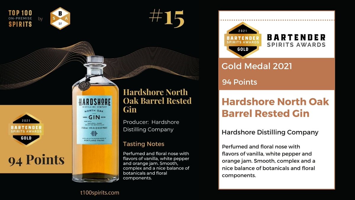 Hardshore North Oak Barrel Rested Gin by #hardshoredistilling won a #goldmedal at the 2021 <a href="/BartenderAwards/">Bartender Spirits Awards</a> and was placed at no. 15 in the <a href="/Top100SpiritBSA/">Top 100 On Premise Spirits</a> list!⠀⠀

Congratulations to the entire team on this victory!

#gin #cocktails #drinks #gintonic #vodka #cocktail #bar