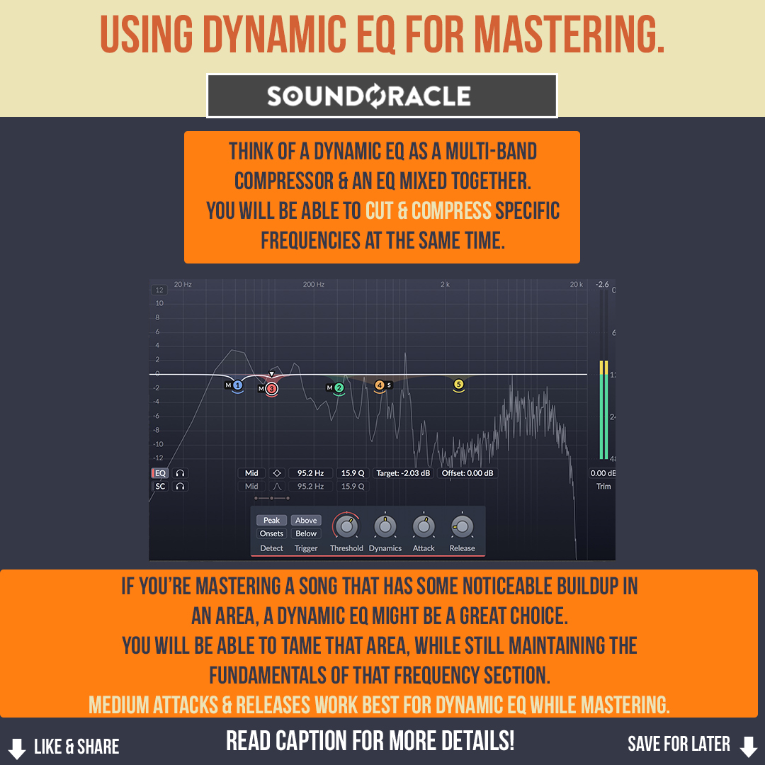 SoundOracle's tweet photo. Dynamic EQs are a powerful tool that allows you to cut or boost frequencies while controlling the dynamics as well. @SoundOracle @Realistic_Pro
Learn more: https://t.co/29Bf5mZKmZ
#MusicProducers #Beatmakers #Beatmaking #Mastering #DynamicEQ https://t.co/ZOlCnPnw9D