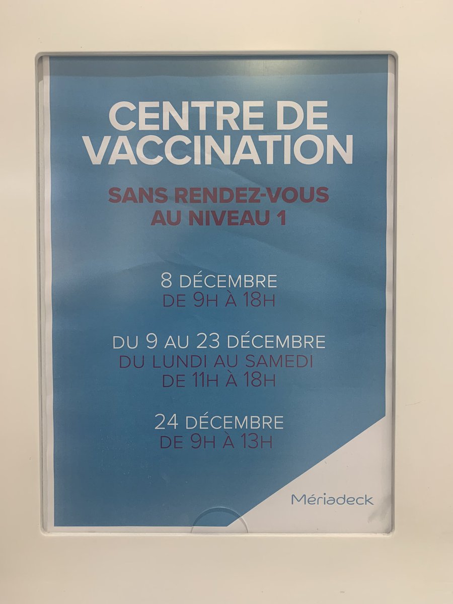 AnneFahmy's tweet photo. Un centre de vaccination a ouvert aujourd’hui au niveau -1 du centre commercial de #Meriadeck #Bordeaux vaccin Moderna, jusqu’à Noël sans rendez-vous.
Merci à toutes les personnes mobilisées.
@ViteMaDose_off
#VaccinezVous https://t.co/vb9ij9eMkV