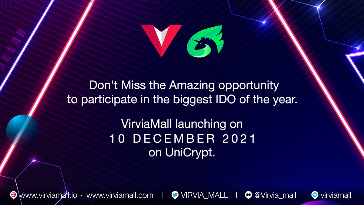 Just 2 days left for the IDO of <a href="/VIRVIA_MALL/">VIRVIAMALL</a> to go live  on <a href="/UNCX_token/">UNCX Network</a> (UniCrypt)  which is on 10th of Dec'21. Let's get ready to avail this  amazing opportunity to participate in one of the biggest IDO of the year.