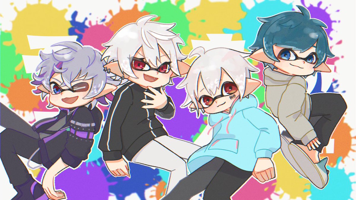 kuzuha (nijisanji) red eyes hoodie multiple boys hood blue eyes male focus pointy ears  illustration images