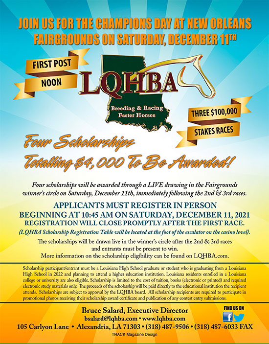 LQHBA's tweet photo. Please spread the word about Saturday's @LQHBA Scholarship Drawings at Fair Grounds for Louisiana Champions Day. Registration closes after Race One! https://t.co/a3RGRB2dWB