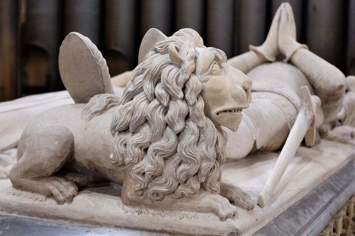 Exeter Cathedral #Devon
One of my favourite (not so) #tinylions with wonderful mane at the feet of Hugh Courtenay, Earl of Devon, d.1377.
#TinyLionsTinyDragons
#AnimalsInChurches