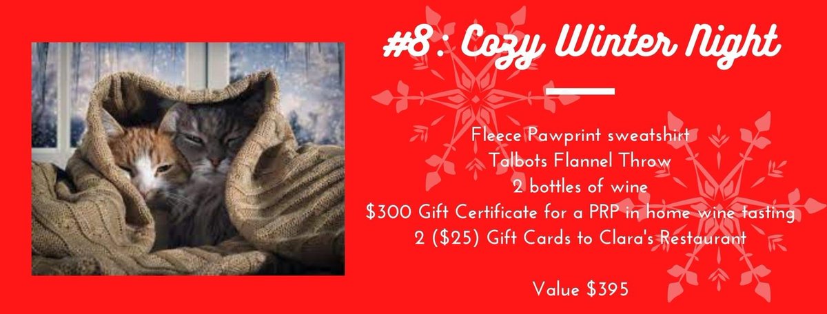 NaperHumane's tweet image. LOOKING FOR THAT PERFECT GIFT? WANT TO HELP NAHS? Participate in our 12 days of Raffle! The holiday raffle runs from Dec. 1-12 &amp;amp; raffle tickets are $5/each. 
Raffle Prize #8: Cozy Winter Night
Purchase tickets &amp;amp; check out all the prizes here: naperhumane.org/events-calenda…