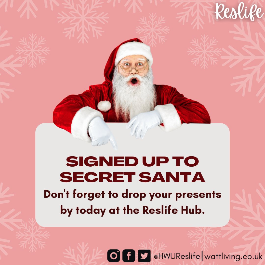 hwureslife's tweet photo. Have you signed up for Secret Santa?
Don't forget to drop in your presents by today at the Reslife hub!

#hwaccomodation #Hwureslife #unilife #holiday https://t.co/j0Xaz28JLP