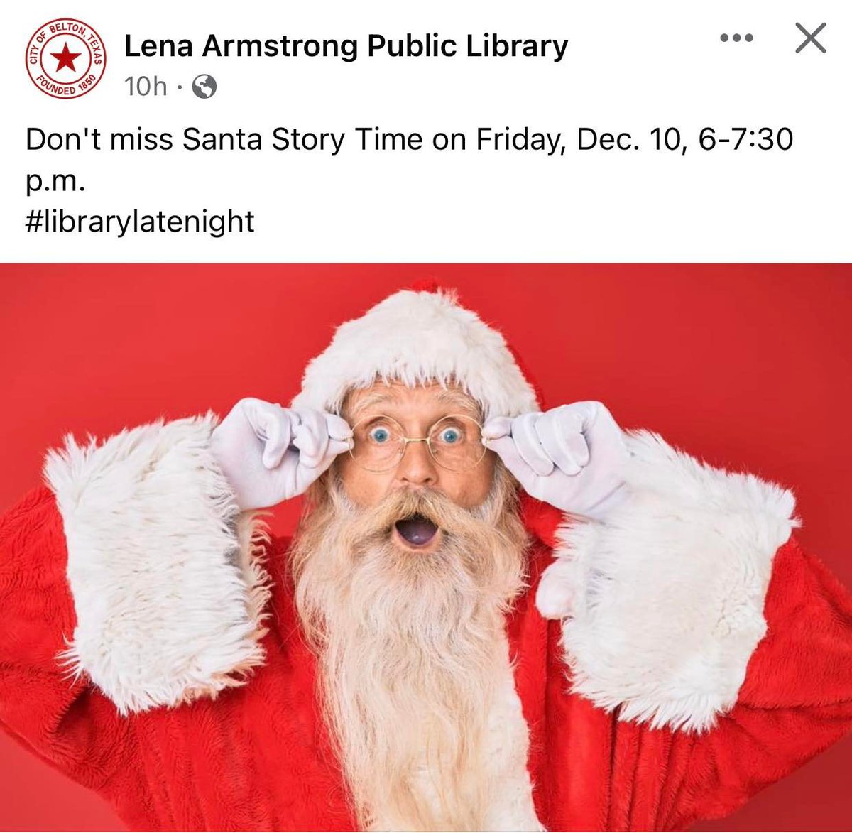 BeltonPolice's tweet photo. Santaβs coming to the library Friday night!!!π
Bring the family for #SantaStoryTimeπ https://t.co/eqXECjQ5Ed