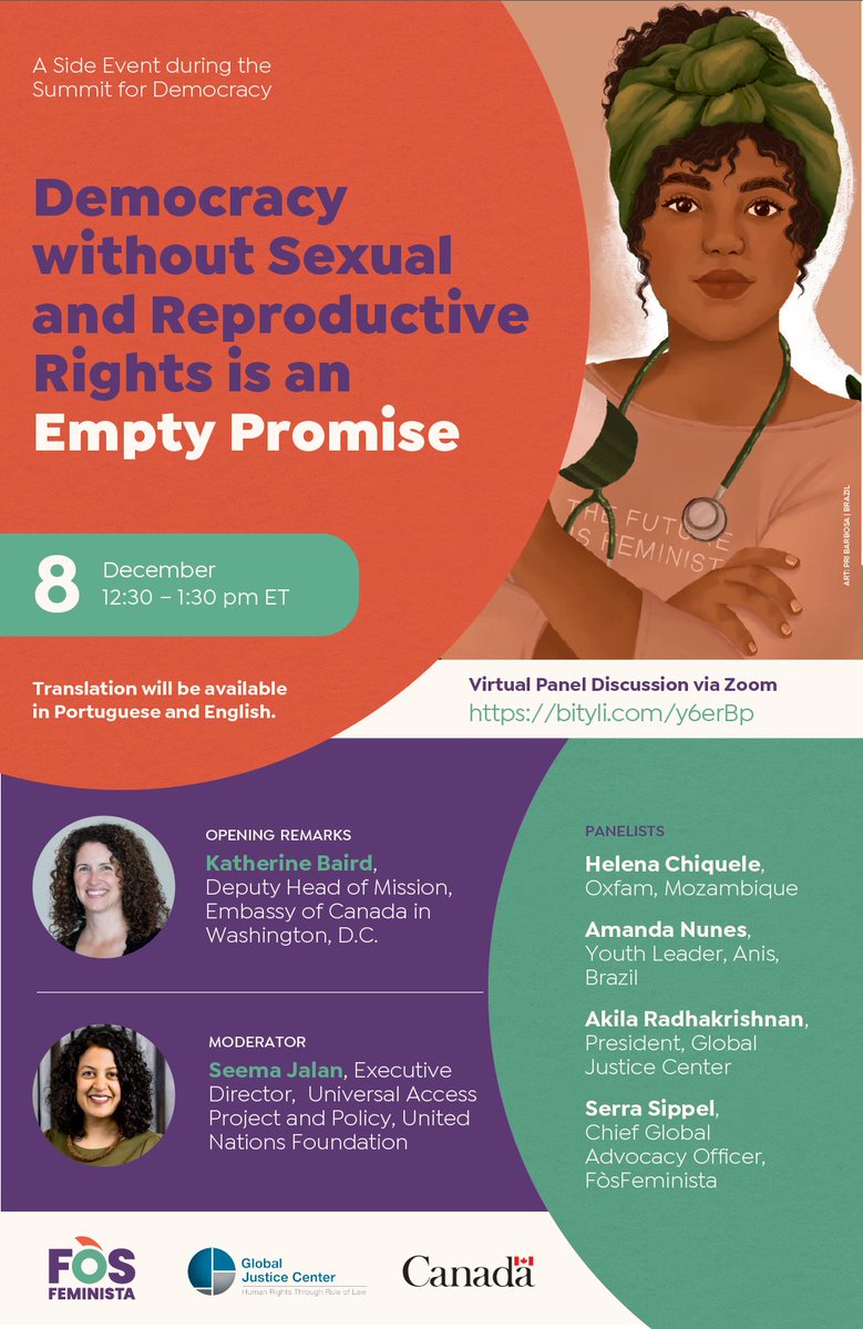 TODAY: <a href="/Fos_Feminista/">Fòs Feminista</a> <a href="/GlobalJusticeC/">Global Justice Center</a> &amp; <a href="/CanEmbUSA/">Embassy of Canada US</a> will host an event alongside President Biden's #SummitforDemocracy that will discuss the role of #SRHR abortion access &amp; ending the #globalgagrule as key for democracy #DriveForDemocracy 
Register here: us02web.zoom.us/webinar/regist…