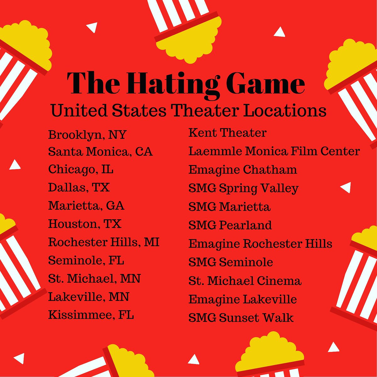 Hey, Flamethrowers in the US! Our little film is making it to these select cinemas on 12 December, and can also be preordered on Apple. If you make it to a cinema screening, I’d love to be tagged in your lobby selfies! Stay tuned, and let the games begin! #thehatinggame