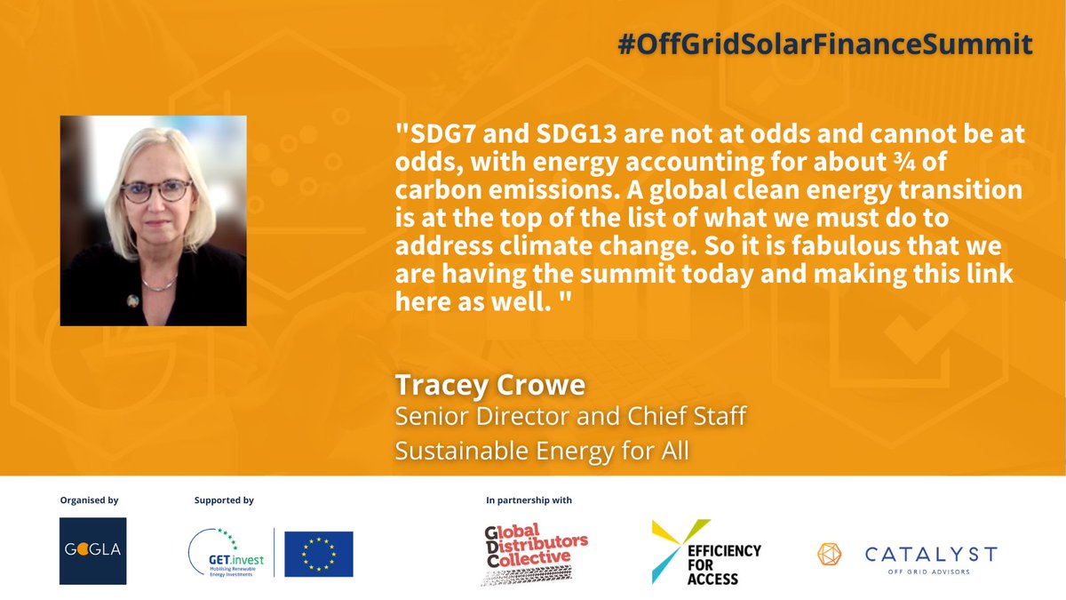 GOGLAssociation's tweet photo. .@tlc_cleanenergy of @SEforALLorg makes the link between energy access and climate change, saying both SDG7 and SDG13 cannot be at odds.
Register for the #OffGridSolarFinanceSummit and tune in here: https://t.co/zUh9QtVqUv https://t.co/nWUEpU2PUK