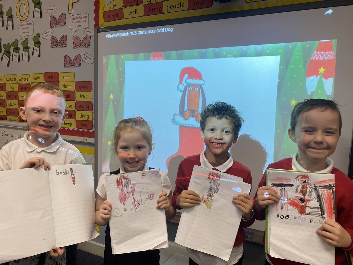 MissDonnellyBP's tweet photo. Day #8 of our advent calendar - we enjoyed watching a #DrawwithRob to create our own Christmas Odd Dogs. @RobBiddulph @FMReadChallenge #FMreadingchallenge https://t.co/odJ0R9UD2m