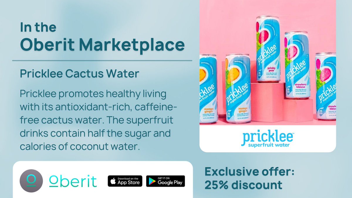 Did you know that Pricklee Cactus Water is healthier than coconut water? @DrinkPricklee comes in different flavors, and is a great alternative to soda. Go on the Oberit marketplace and unlock an exclusive 25% discount on Pricklee products.

#RecoveryPosse #RewardYourRecovery