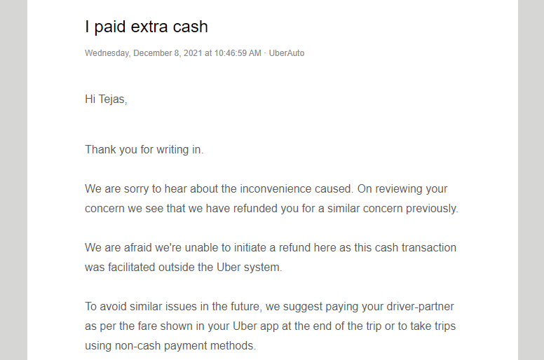 shahtejas178's tweet photo. @Uber_India I had uber cash but still, the driver asked to pay the full amount in cash. This happened 2nd time. I asked for support but support says unable to refund. 
So my point is if the driver is not accepting such a scenario of uber cash &amp; normal cash method what to do? https://t.co/OwuIrtlsfp