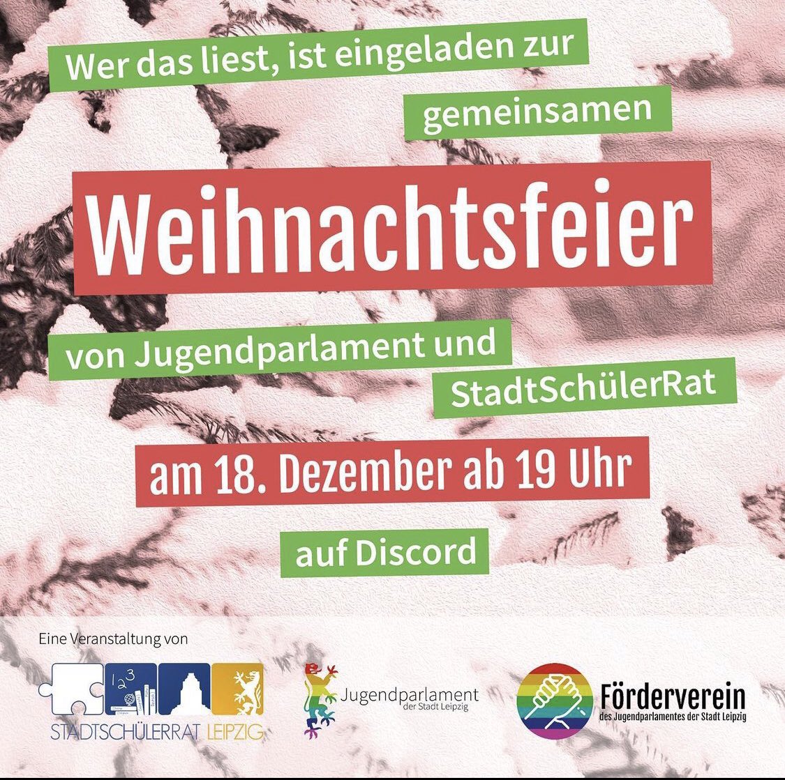 SSRLeipzig's tweet photo. Pünktlich zur Adventszeit freuen wir uns, Euch mitteilen zu können, dass auch in diesem Jahr wieder eine Weihnachtsfeier des Leipziger StadtSchülerRates, des Jugendparlamentes und seines Fördervereins am 18.12.2021, um 19.00 Uhr stattfinden wird. 🥳🎉 https://t.co/dEp5JNkp3b