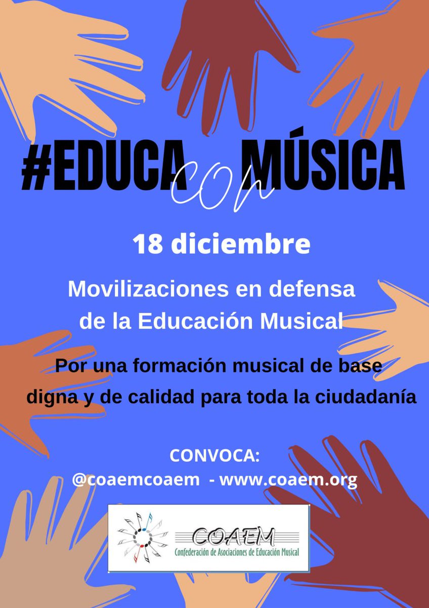 Pròximo 18 de Diciembre, Movilización en defensa de la Ed. Musical, para reclamar la presencia de la música en todos los niveles de la enseñanza. En nuestra pàgina web puedes encontrar las convocatorias en cada regiòn. Únete!!! #nosimportalamúsica #educaconmúsica
