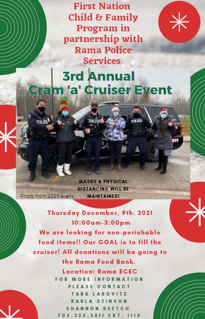 Rama_Police's tweet photo. Please join us on Thursday, December 9th, 2021, in our attempt to fill up the cruiser with food! 
We will be accepting all donations from 10:00 am to 3:00 pm with donations going to the Rama Food Bank. https://t.co/ZQc9ty7028
