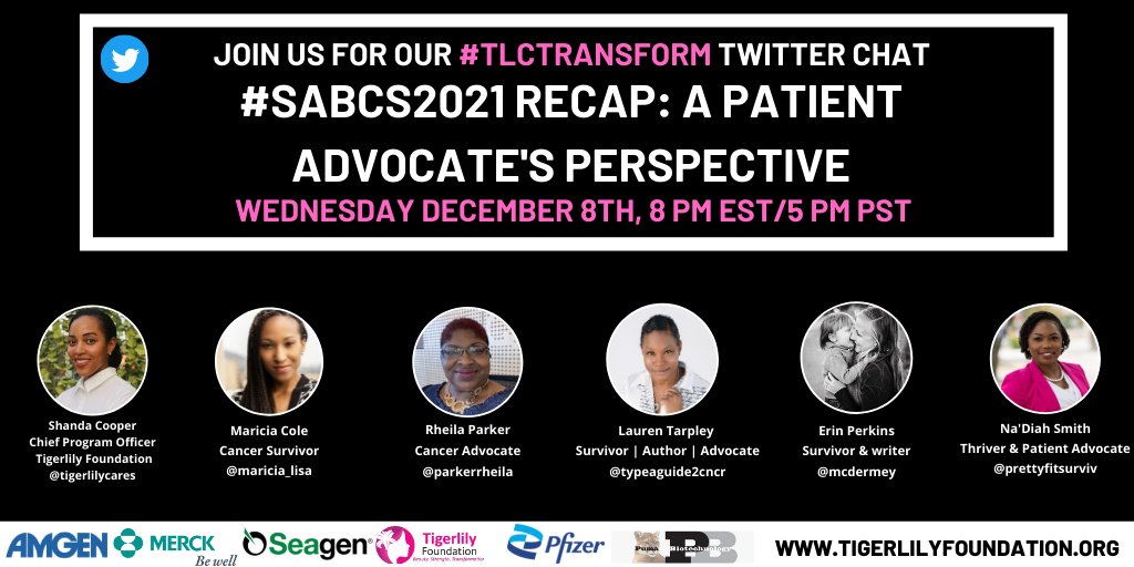 Tune in tonight at 8pm EST for a special #SABCS2021 Twitter chat recap! 🙌🏽
#TLCTransform 

<a href="/Maricia_Lisa/">maricia_lisa cole</a> <a href="/ParkerRheila/">Rheila Dantzler</a> <a href="/TypeAGuide2cncr/">Lauren Tarpley | Type A Guide to Cancer</a> <a href="/mcdermey/">Erin Perkins</a> <a href="/prettyfitsurviv/">Na’Diah L. Smith, MBA, CSM, ITIL, SAFe Agilist</a>