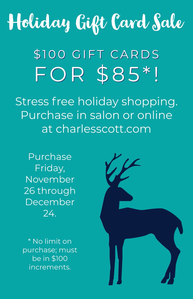 charlesscottsal's tweet photo. Our Holiday Gift Card Sale continues thru December 24th. $100 card for $85 - the perfect fit for everyone on your list (you included)!
#charlesscottsalon #giftcards #CountdowntoChristmas #shopsmallbusiness https://t.co/32Ejn25oBf